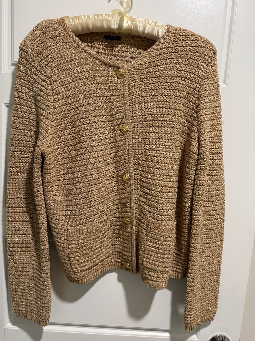 Talbots Gold Metallic Crochet Cardigan L Quiet Luxury Old Money Workwear Office